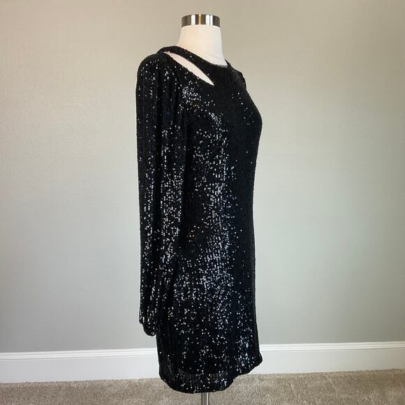 XSCAPE Sequined Long Sleeve Cut Out Mini Sheath Cocktail Dress Black Size 8 - Picture 3 of 10